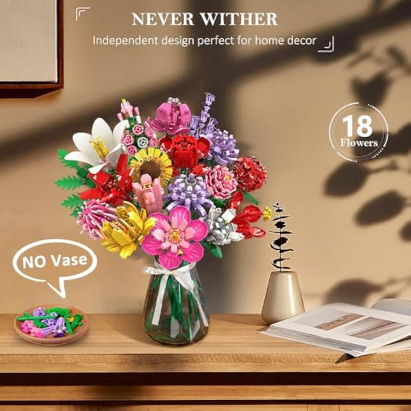 HOGOKIDS Flower Bouquet Set for Mother's Day - 1464PCS Artificial Flowers Botanical Collection | 18 Sticks Ideas Bouquet Gift for Her and Him Decorative Home for Adults Teens Girls Ages 8+