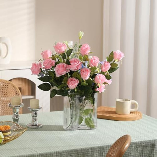 Hawesome 12PCS Artificial Roses Fake Flowers Single Long Stem Blooms With Rose Buds Wedding Decoration Bridal Bouquet Decorative Flower Arrangement Home Decoration Party Centerpieces in Pink