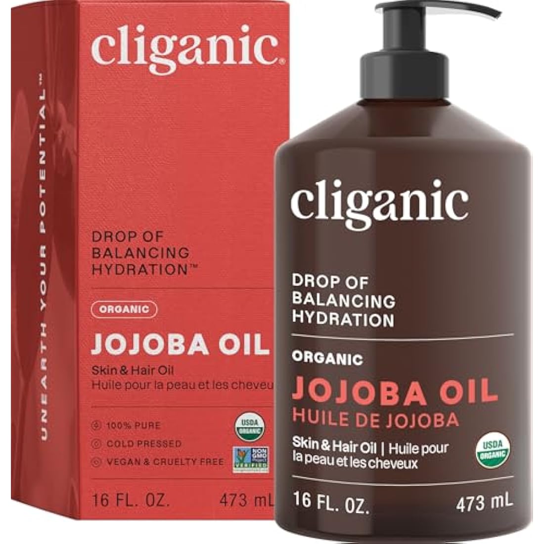 Certified Organic Jojoba Oil 473ml with Pump | 100% Pure Natural Cold Pressed Unrefined, Hexane Free Carrier Oil | for Hair Face & Nails | Cliganic 90 Days Warranty
