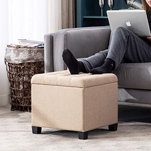 HNNHOME Pouffe Footstool Ottoman Storage Box, 45cm Cube Strong Wooden Frame Linen Living Room Foot stool, Toy Chest, Dressing Stool Seat Chair with