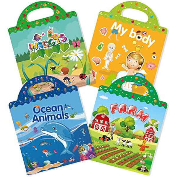 GUYUCOM 4 Pack Reusable Sticker Books, Toys for Age 2 3 4 Year Old Kids Boys Toddlers, 3D Clear Ocean Boay Insect Farm Sticker Book Educational Learning Toy Birthday Gifts
