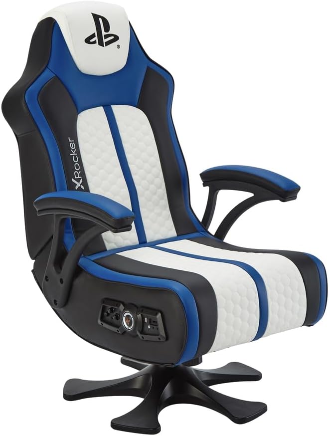 X ROCKER Playstation Legend 2.1 Audio Gaming Chair with Speakers, Wireless Bluetooth Audio Console Gaming Seat, Sound activated Vibration, Official Playstation for PS5 PS4 PC Mobile - WHITE BLUE BLACK