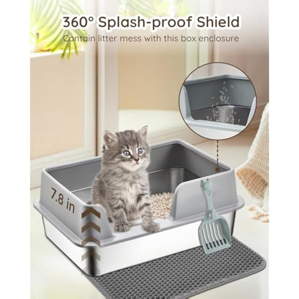 Papettly High Sided Stainless Steel Litter Box - Metal Cat Litter Tray with Splash-Proof Lid, Easy Cleaning & Odor-Less Kitten Litter Tray with Double Layer Litter Mat, Litter Scoop, Brush, 50x35x20CM