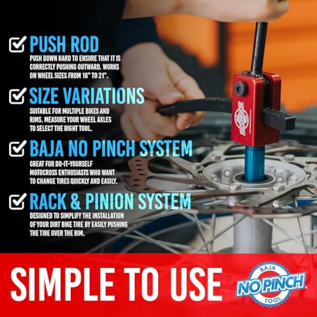 BAJA NO PINCH Dirt Bike & Motorcycle Tool Kit – Tyre Changer for 20mm Axles | Tyre Monkey Lever, Bike Wheel & Puncture Repair Tool | Motorcycle Tyre Changer Tool Kit & Dirt Bike Tyre Repair Set