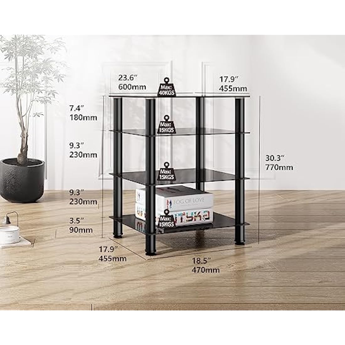 FITUEYES HiFi Rack AV Shelf 4-Tiers Glass TV Stand with Tempered Glass Media Storage Shelves Black