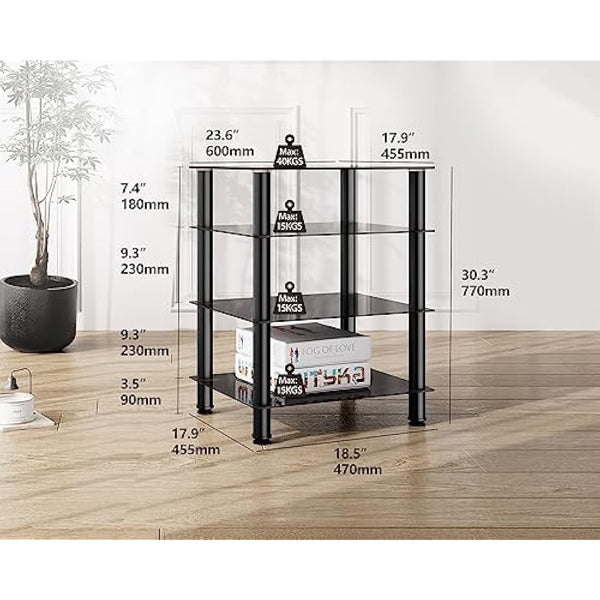 FITUEYES HiFi Rack AV Shelf 4-Tiers Glass TV Stand with Tempered Glass Media Storage Shelves Black