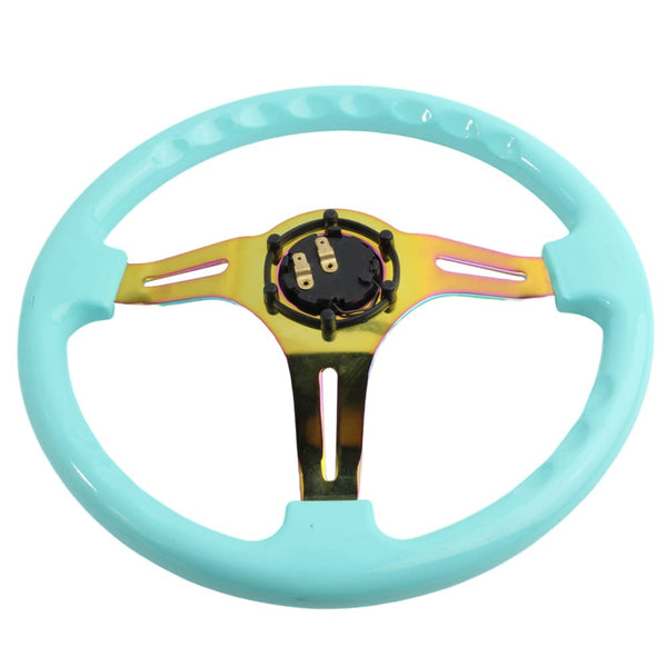 350mm Green Racing Steering Wheel Neo Chrome Spoke Universal 6 Bolts 45mm Deep Dish Classic ABS Wood Steering Wheel with Horn Button