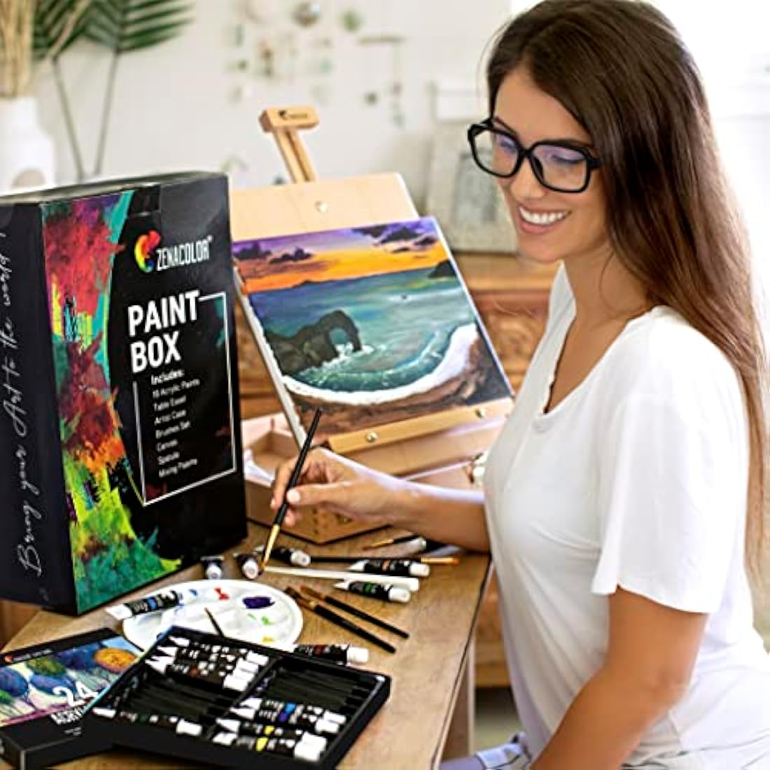 Acrylic Paint Set for Artists - with Box, Wood Easel, 24 Tubes of Acrylic Paints, 6 Paintbrushes, Blank Canvas, Spatula, and Mixing Palette - Portable Travel Kit