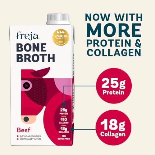 Freja Beef Bone Broth | Grass-Fed | Collagen, Protein & Amino Acids | Low Carb, Keto & Gluten Free | Clear Liquid Broth, not Beef Stock Cubes, Powder or Concentrate | 6 x 500ml