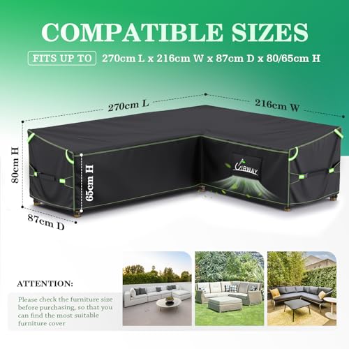 UIRWAY L-Shape Garden Furniture Cover Waterproof with Air Vent, 270x216x87cm Heavy Duty 420D Oxford Fabric Outdoor Rattan Corner Sofa Cover with