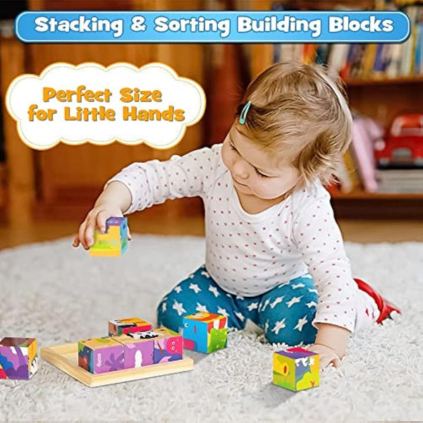 Japace Wooden Jigsaw Puzzles for Toddlers, 6 in 1 Animal Puzzle 3D Wooden Cube Block Toys Montessori Educational Games for Kids 1 2 3 4 Years Old Birthday for Boys and Girls (Medium)