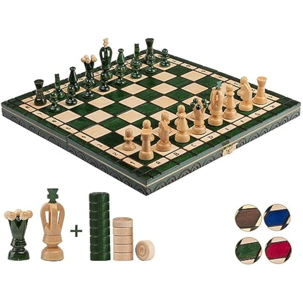GREAT KINGDOM Chess and Checkers Set | Master of Chess Green Chess Set | Chess Board 35cm Chess Set for Adults and For Kids - Handmade Portable Chess and Drafts/Draughts Set