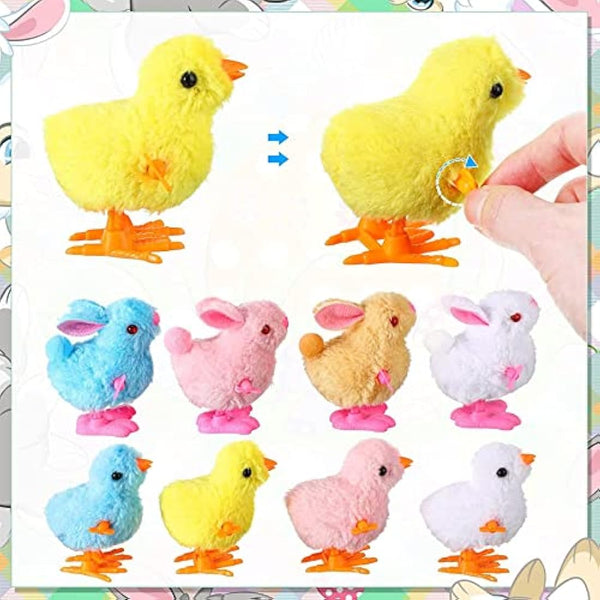 6Pcs Wind up Chick for Kids Party Game, Wind up Chicken Bunny Toys, Rabbits Easter Clockwork Jumping Chicken Bunnies Plush Toys for Egg Basket Fillers, Kids Party Gift Favours