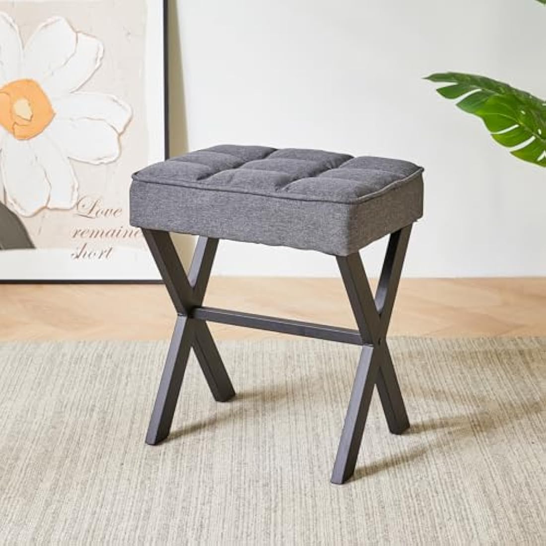 IBUYKE Square Makeup Stool with X-Leg Foot Rest, Linen Footrest Stool, Ottoman Seat Vanity Stool, Multi-Use as Small Side Table, for Bedroom, Living Room, Dark Gray L/G-70G