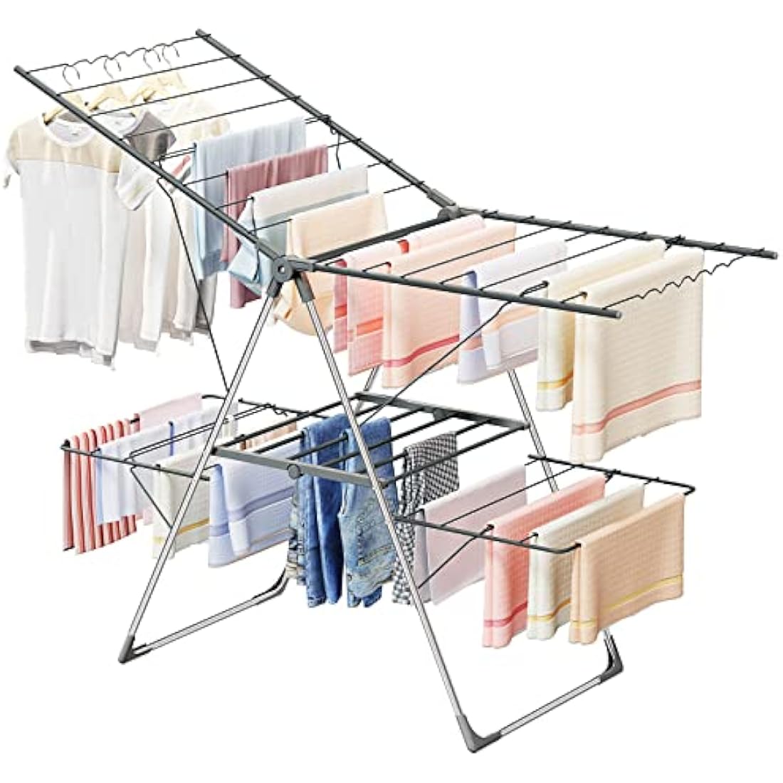 Innotic Clothes Airer with 33 bars, 2-Level Foldable Clothes Drying Rack Indoor Outdoor, Stainless Steel Large Clothes Horse, 6 Height-Adjustable Laundry Drying Rack (Grey)