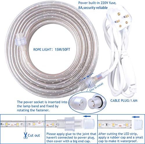 GUOTONG 52.5ft/16m Plugin Rope Lights, 576Warm White LEDs, 220V, 2 Wires, Waterproof, Connectable, Power Plug Built-in Fuse Design, Indoor/Outdoor Use, Ideal for Backyards, Decorative Lighting