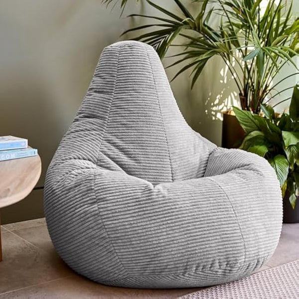 icon Dalton Cord Recliner Bean Bag, Grey, Large Adult Bean Bag Chair with Filling Included, Comfy Chair, Living Room Furniture, Bedroom Furniture