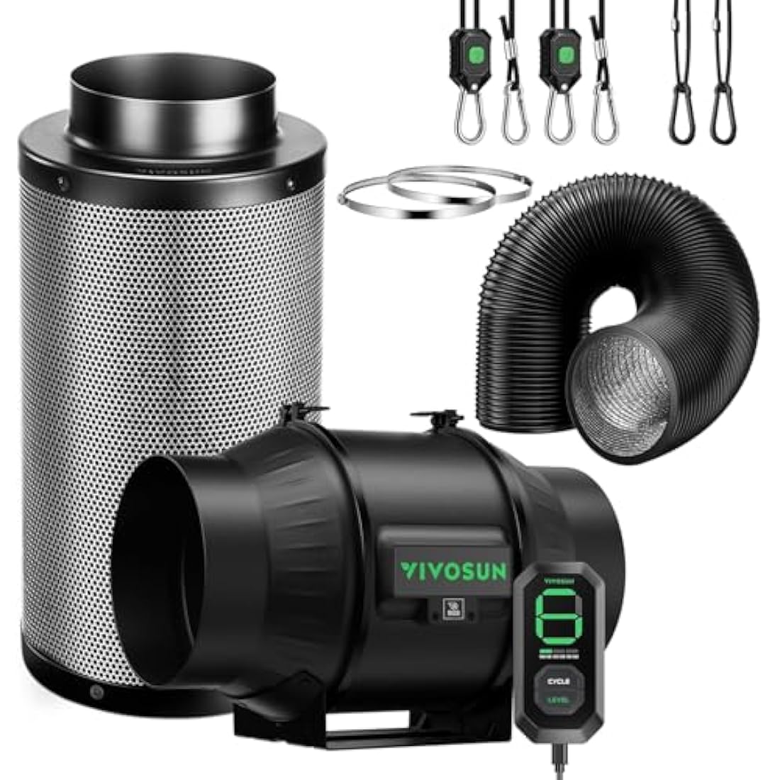 VIVOSUN Duct Fan 150 mm Extractor Fan 693 m³/h with E12 Speed Control Carbon Filter & 240 cm Air Duct AeroZesh T6 Exhaust Set Cooling and Ventilation System for Grow Tent