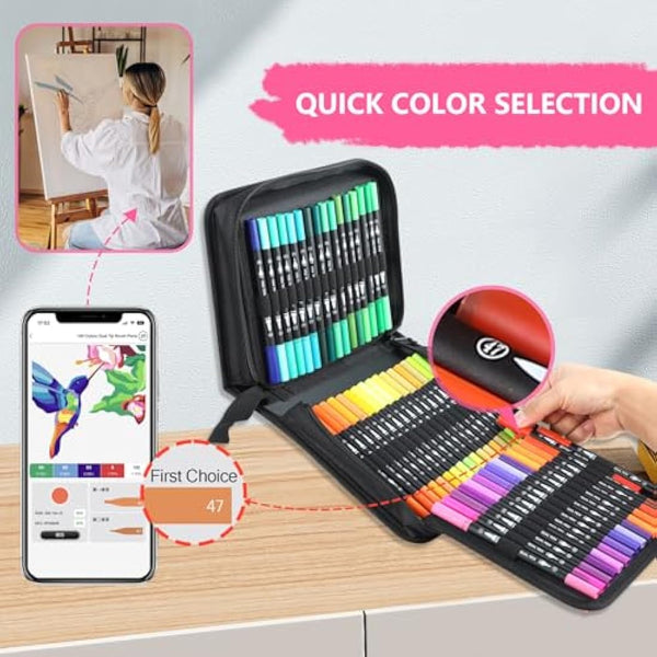 AEDAGA 100 Numbered Dual Tip Colouring Pens with Free App,Felt Tip Pens for Adult Colouring Books, Brush Pen Art Supplies for Calligraphy Drawing Sketching Journaling Painting