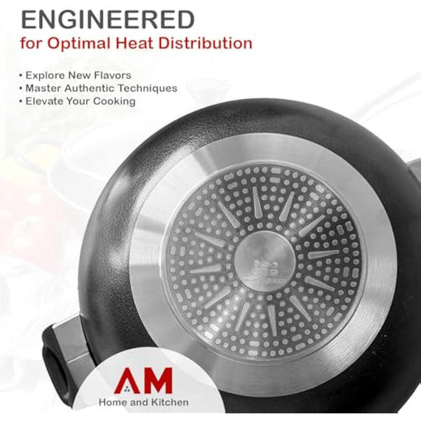 AM Home and Kitchen: 36cm Induction Wok Non Stick with Lid | Versatile Deep Frying Pan, Cookware, Saucepan, PaellaPan, Stock Pot, Stir-Fry & GriddlePan,Glass Lid with Steam Vent