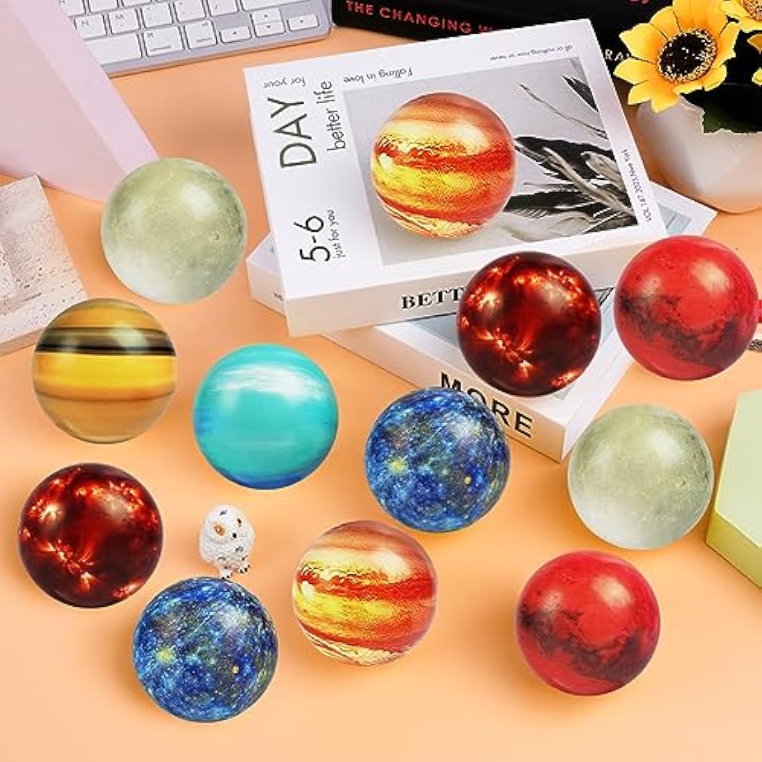 Ainiv Squeeze Stress Balls, 12pcs Stress Relief Ball, Sensory Stress Ball for Kids and Adults, Hand Exercise Stress Relief Balls, Squeeze Toys for Anxiety, Fidget, Tension, Manage Anger-Planet