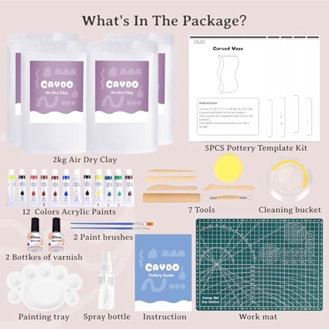 Caydo 2KG Air Dry Clay Pottery Kit for Beginners and Adults - DIY Craft Set with 5 Pottery Template Kit, Tools, Acrylic Paints, Varnish and Step-by-Step Guide - Ideal for Ceramic Kit and Gift