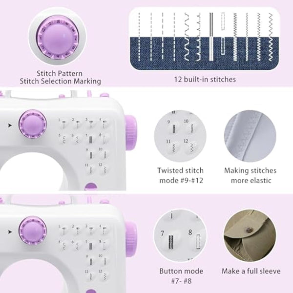 Sewing Machine, Mini Sewing Machine Portable Electric Sewings Machines, 12 Stitches Sewings Machine with LED Light, Sewing Accessory Kit, Ideal for Clothing, Pillowcases, Sheets