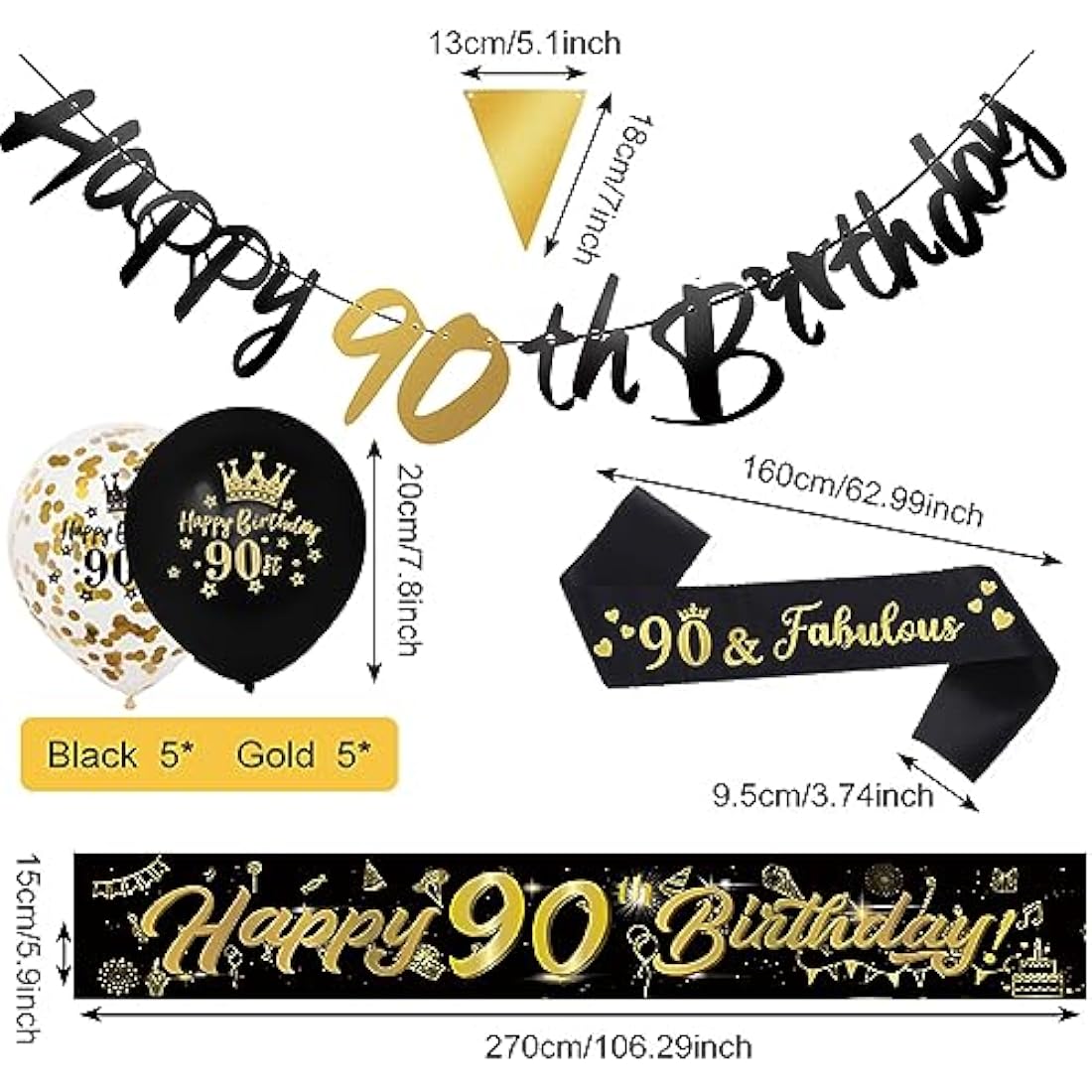 14 Pieces 90th Happy Birthday Decorations Kit, Birthday Party Decoration Including Party Supplies Birthday Straps 9ft Banner Triangle Flags Confetti Latex Balloons