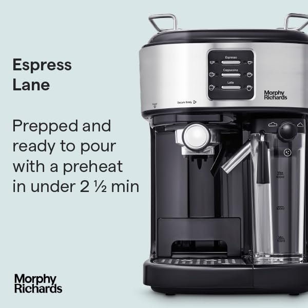 Morphy Richards Compact Espresso Machine, Dual Cup, 1L Water tank, Variable Steam Control and Milk Frother Wand, Ground Coffee and ESE Pod Compatible, Stainless Steel, 172022