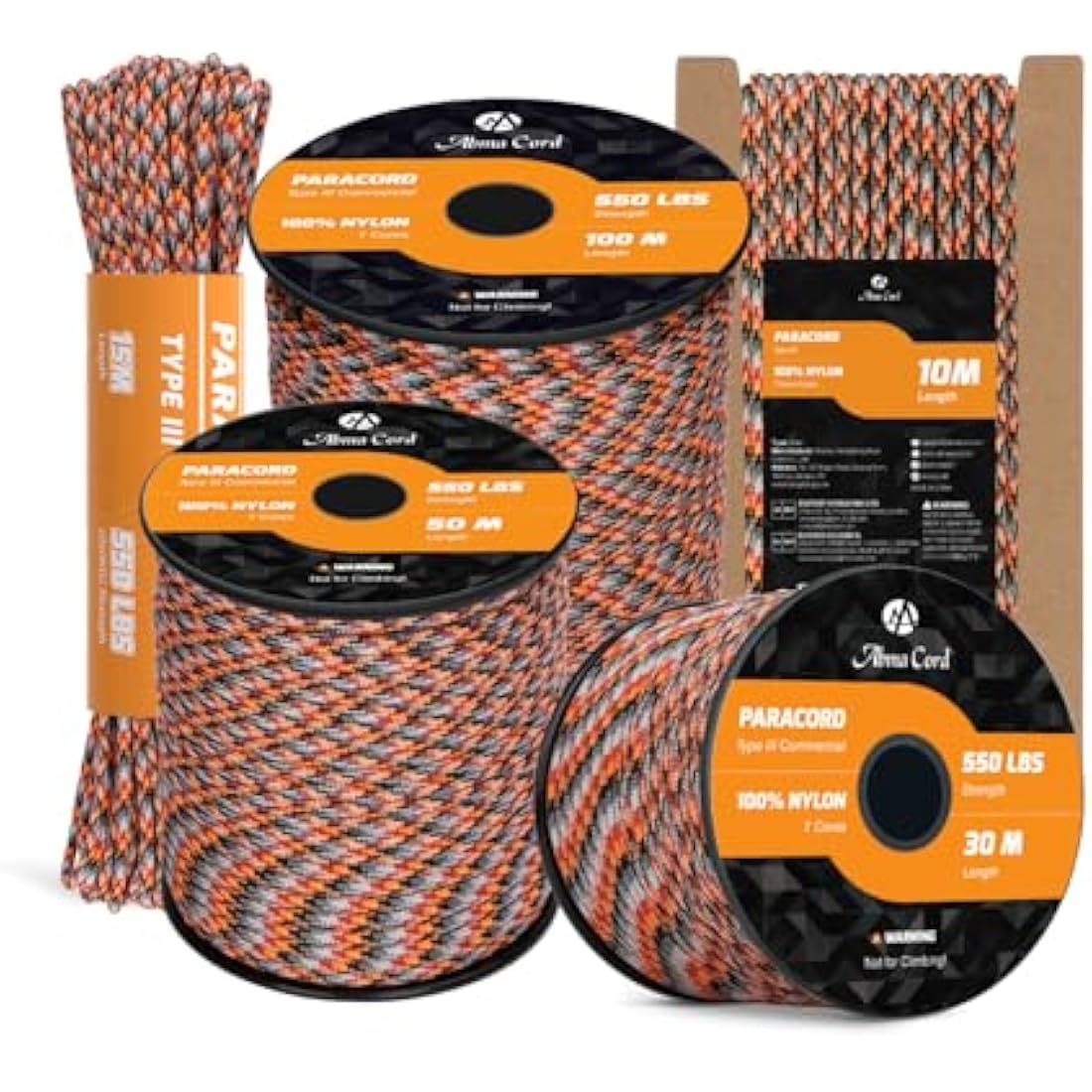 Abma Cord Paracord 550 4mm 100m 100% Nylon Rope Type III 7 Strands Parachute Cord for DIY, Camping, Survival, Outdoor - Max. 250kg - Summer Sunrise (Lava)