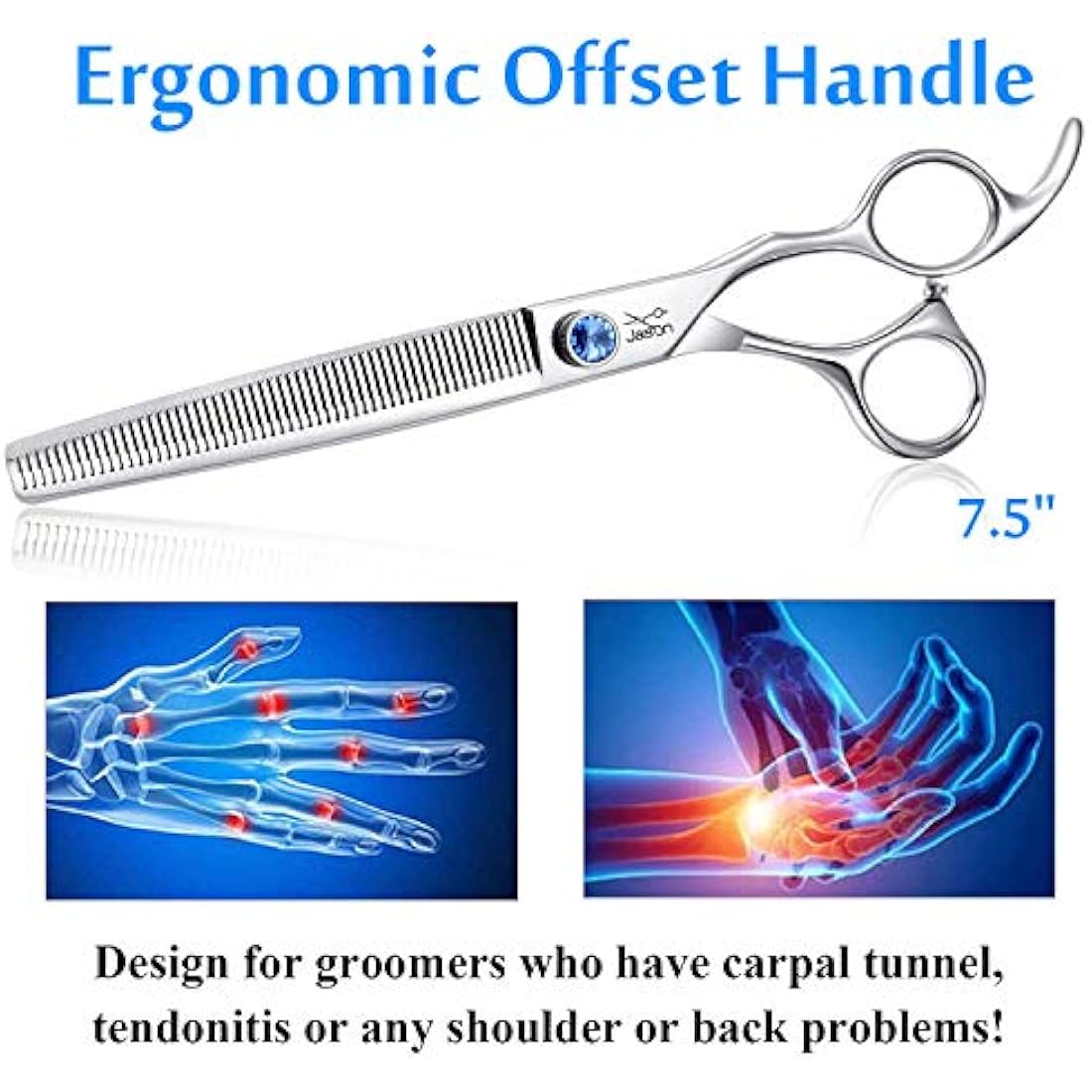 JASON 7.5" 56 Teeth Blending Dogs Grooming Scissors Cats Thinning Shears Pets Blender Thinner Trimming Texturizing Kit with Offset Handle Blue Jewelled Screw