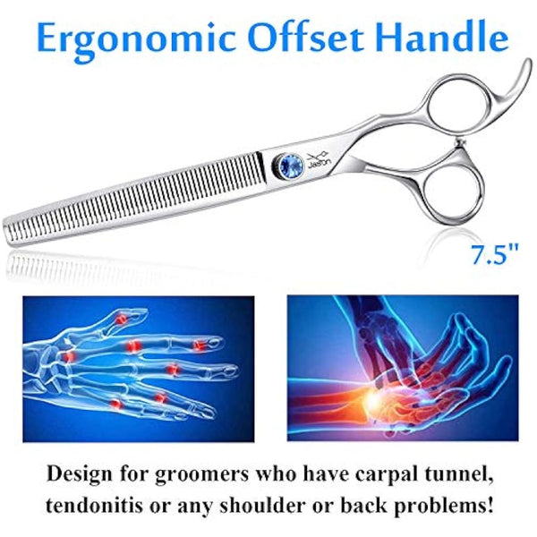 JASON 7.5" 56 Teeth Blending Dogs Grooming Scissors Cats Thinning Shears Pets Blender Thinner Trimming Texturizing Kit with Offset Handle Blue Jewelled Screw