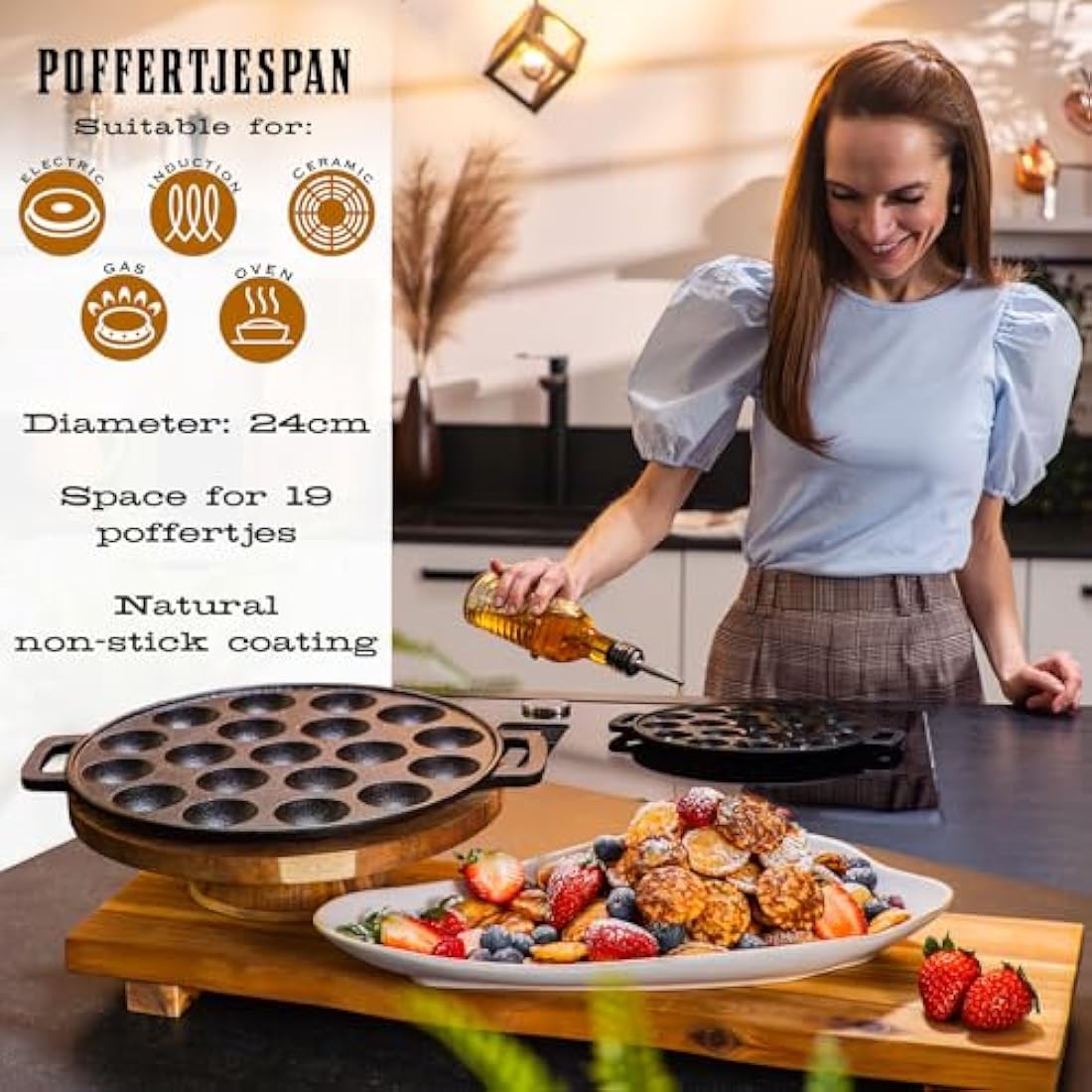 IRONO Poffertjes Pan - Mini Pancake Maker - Pancake Pan - 19 Mini Pancakes - Eggs Crepe Pan - Cast Iron - Includes Brush, Turning Fork, Batter Bottle, Handles