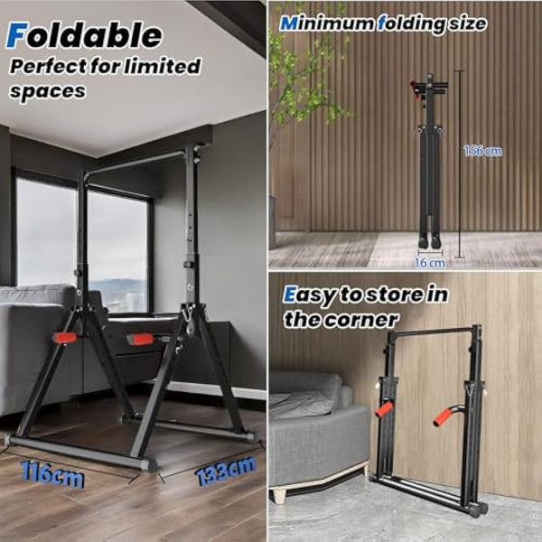 DOBESTS Foldable Power Tower Dip Station Pull Up Bar Free Stand Fitness Equipment for Home Gym Strength Training 700 LBS,Height Adjustable Multifunctional Triangular Legs