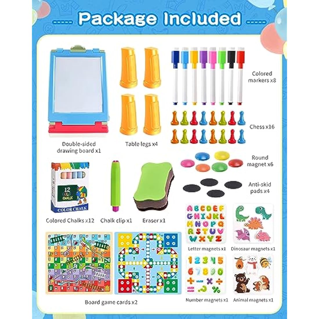 Elovien Easel Kids, 4 in 1 Double Sided Toddler Art Easel with Chalkboard & Magnetic Whiteboard, Foldable Kids Tabletop Easel with Drawing & Writing Accessories - Gift for Boys and Girls (Blue)