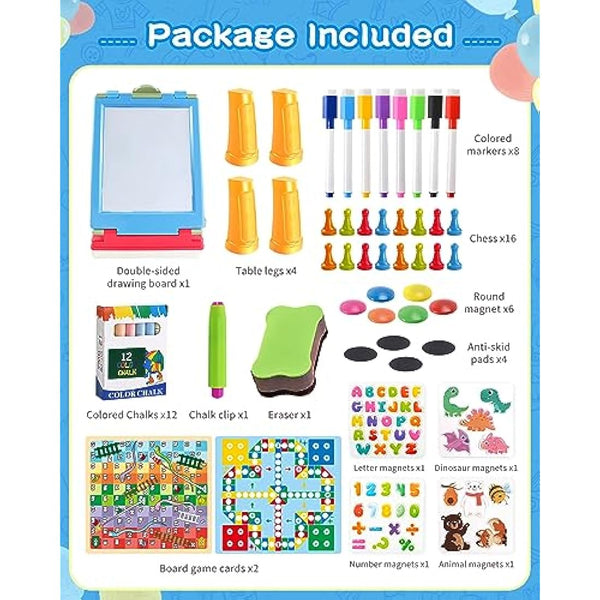 Elovien Easel Kids, 4 in 1 Double Sided Toddler Art Easel with Chalkboard & Magnetic Whiteboard, Foldable Kids Tabletop Easel with Drawing & Writing Accessories - Gift for Boys and Girls (Blue)
