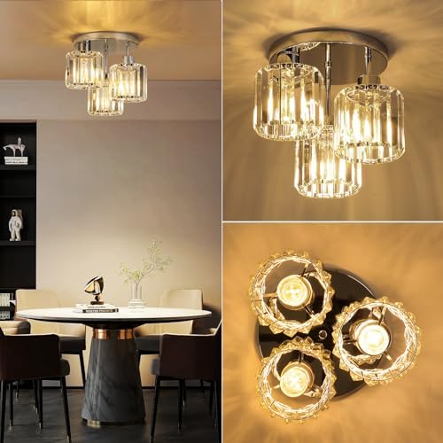 FORCOSO Ceiling Light 3 Lights, Modern Light Shade Crystal Light Fitting, Semi Flush Chandelier Lampshade, E27 Lighting Fixture for Living Room Bedroom Hallway Kitchen Dining Room Foyer Chrome