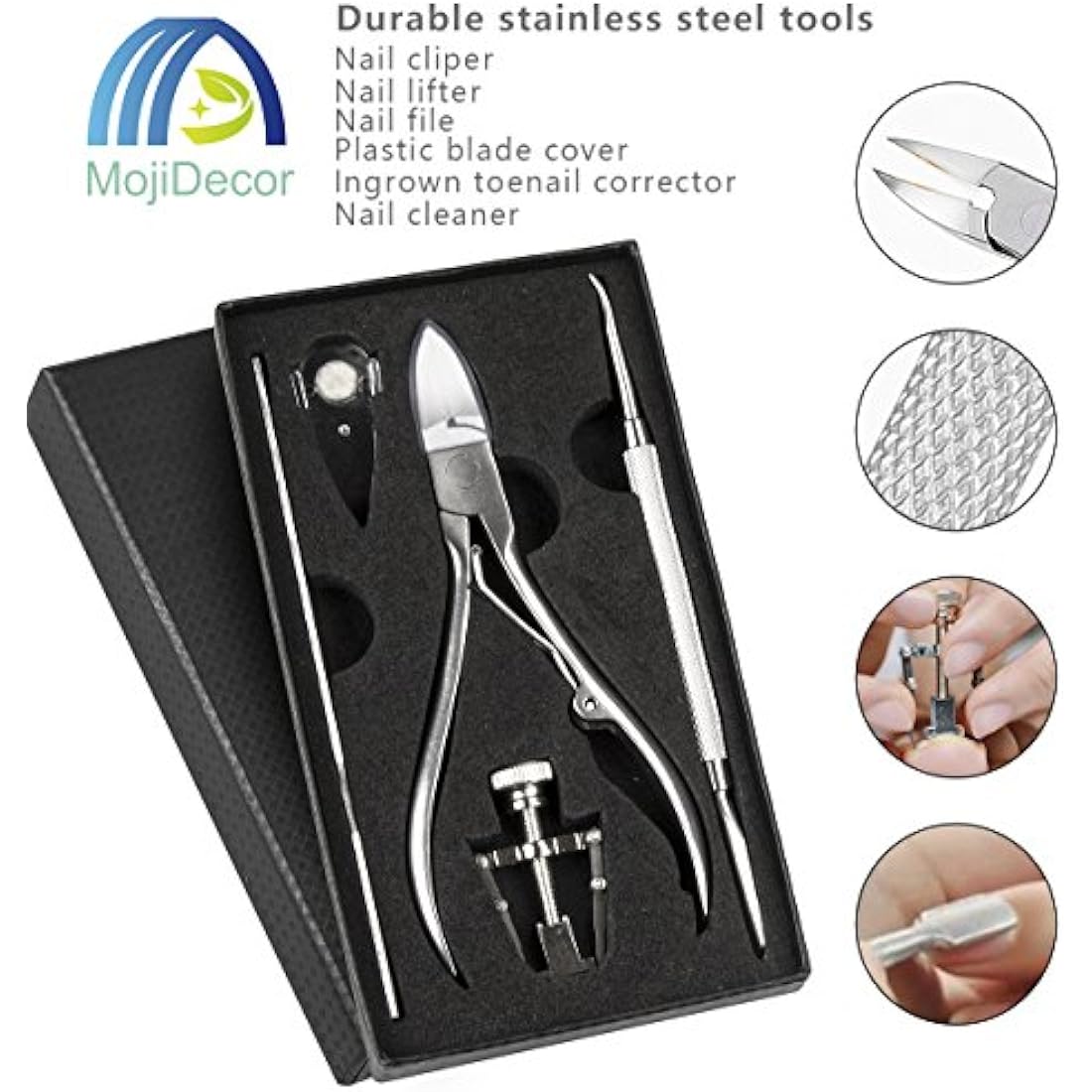 MojiDecor Ingrown Toenail Filae and Ingrowing Toenail File, Professional Nail Care Set 6PCS Premium Stainless Steel Manicure Pedicure Set, Nail Nipper Nail Slider Nail File and Ingrown Toe Tool