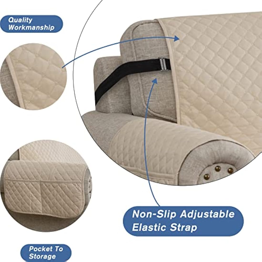 XINEAGE Quilted Sofa Covers 3 Seater, Water Resistant Couch Covers for 3 Seater, Non Slip Sofa Slipcoevrs for Dogs Pets, Reversible Sofa Protector with Elastic Strap Washable (Sofa, Beige)