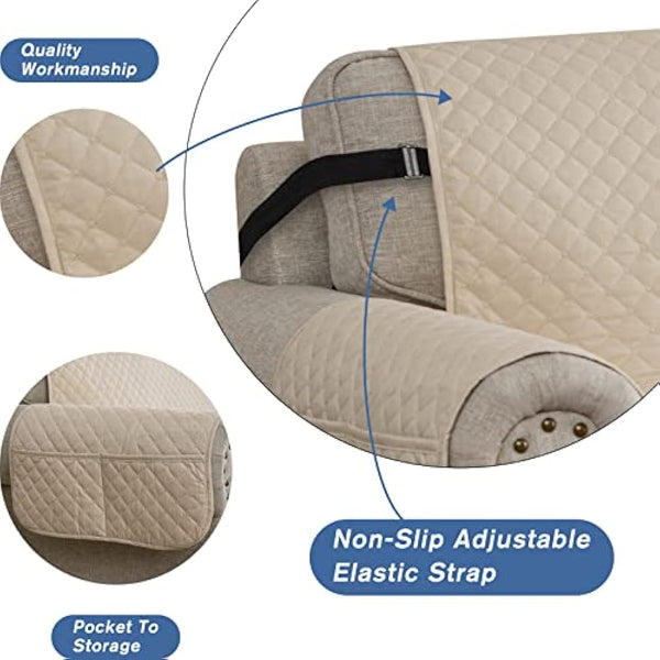 XINEAG Quilted Sofa Covers 2 Seater, Water Resistant Loveseat Covers Sofa Slipcovers with Pockets, Non Slip Sofa Cover for Dogs Pets, Washable Furniture Protector with Elastic Strap (Loveseat, Beige)