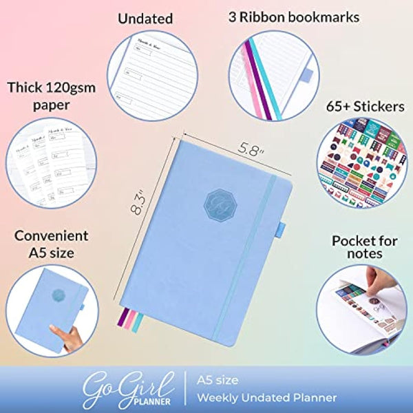 GoGirl Planner and Organizer for Women – A5 Weekly Agenda, Goals Journal to Improve Time Management & Productivity (Light Blue)