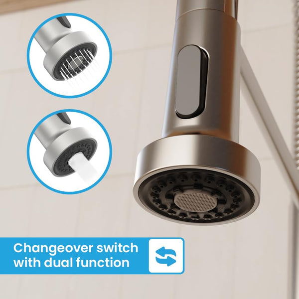 Bächlein Kitchen Faucet 360 Degree Swivel (Brushed Stainless Steel) - One-Hand Sink Mixer with Flexible Neck and Shower with Switch Button, Kitchen Faucet with Magnetic Holder