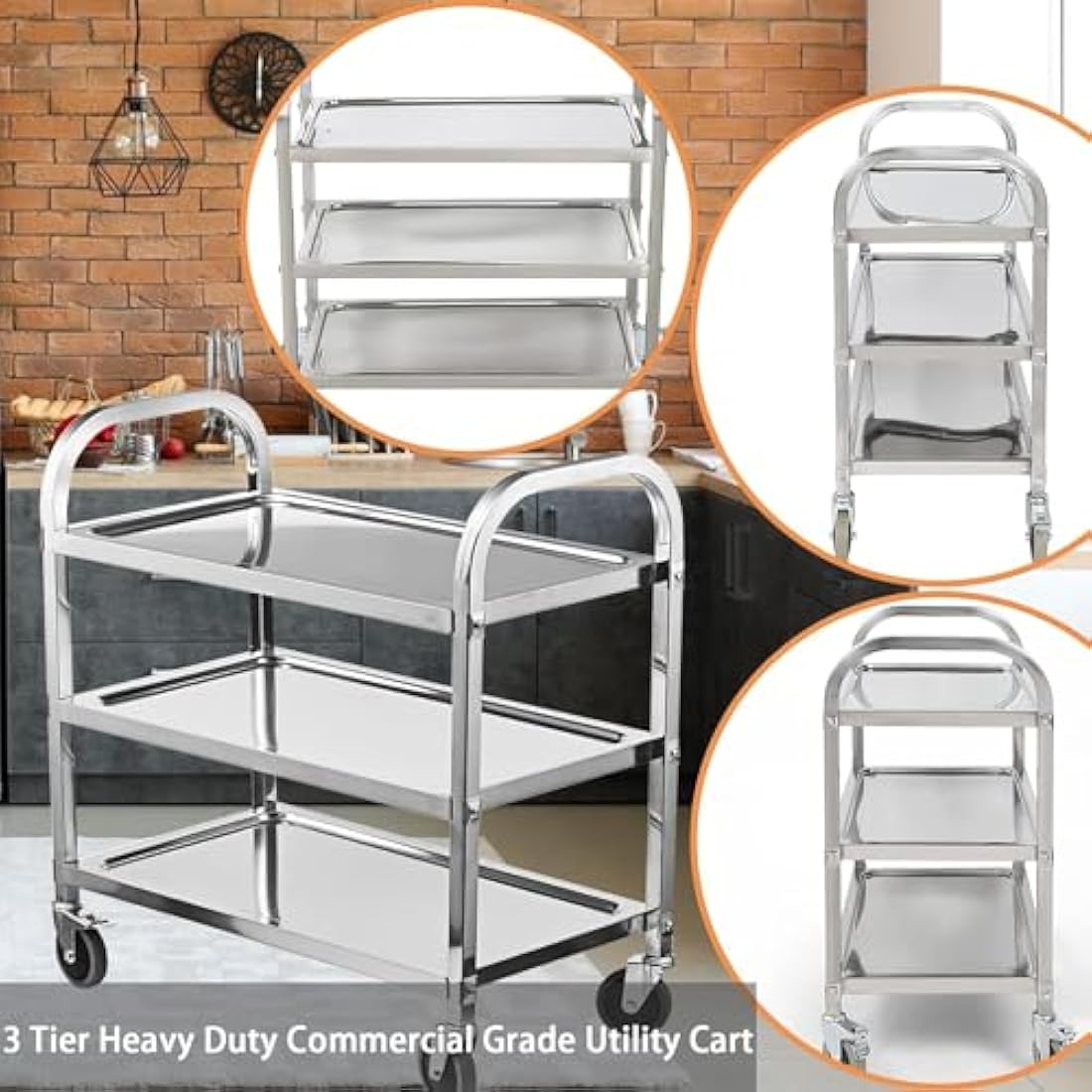 HLC 3 Tier Stainless Steel Serving Catering Trolley Wheels Utility Cart Kitchen Cart Serving Trolley with Locking Wheels for Kitchen Hotels - 750x400x835MM