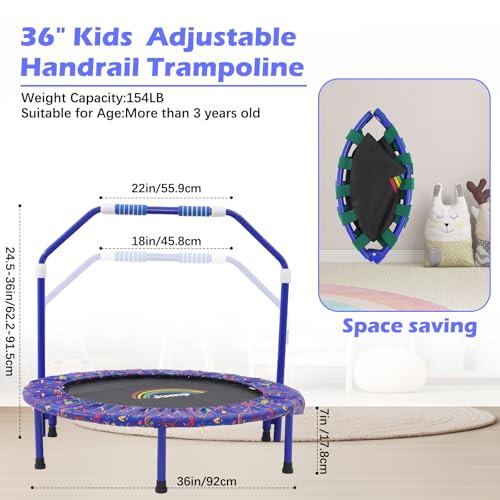 36-Inch Trampoline for Kids Mini Trampoline with Adjustable Handle and Safety Padded Cover Foldable Toddler Trampoline Indoor & Outdoor Rebounder