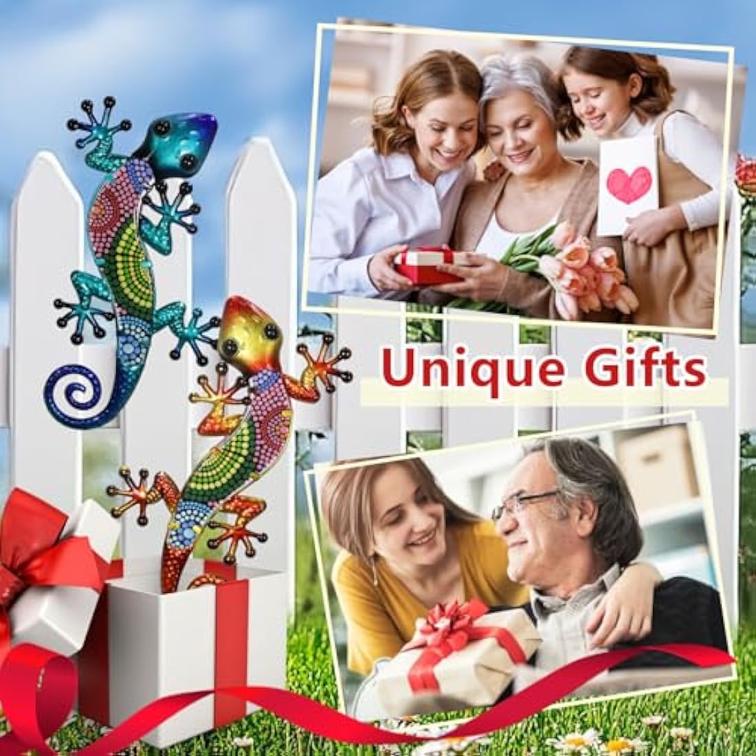 HONGLAND Metal Gecko Wall Art 2 Pack 15 Inch Lizard Outdoor Decor Hanging Glass Sculpture Decoration for Garden Fence Home