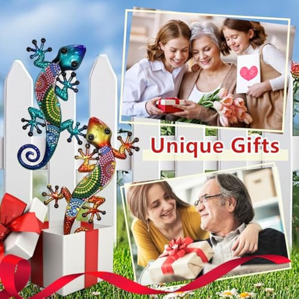 HONGLAND Metal Gecko Wall Art 2 Pack 15 Inch Lizard Outdoor Decor Hanging Glass Sculpture Decoration for Garden Fence Home