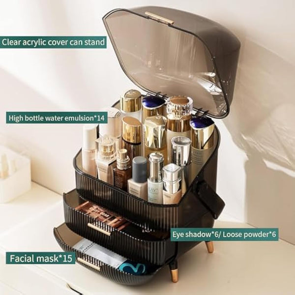 Kousee Makeup Organiser, Skincare Organiser Cosmetic Display Case with Dust Free Cover Portable Handle, Waterproof Makeup Box for Vanity Countertop Bathroom Dresser-Retro Grey