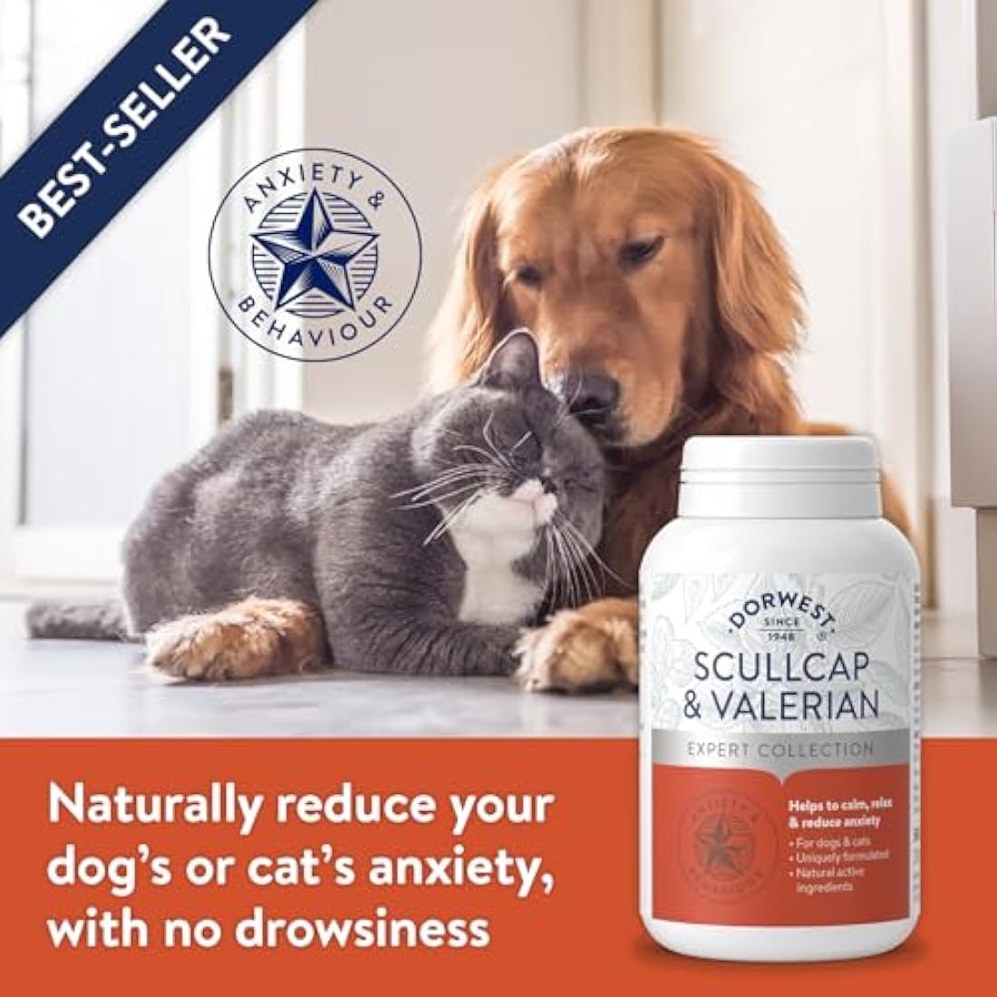 DORWEST HERBS Scullcap & Valerian Calming Tablets for Dogs and Cats, 500 Tablets, Natural Dog Calming Supplements for Stress and Anxiety Relief – Sugar-Free, Non-Drowsy, Light Yellow Tablet, 14DOR018