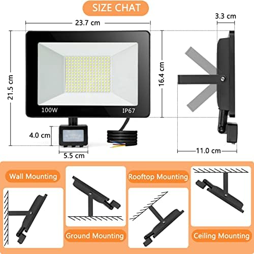 YIQIBRO 100W PIR Security Lights Outdoor Motion Sensor 2 Pack, 10000LM LED Floodlight with PIR, IP67 Waterproof Flood Lights Motion Sensor for Garden, Garage, Patio, Yard