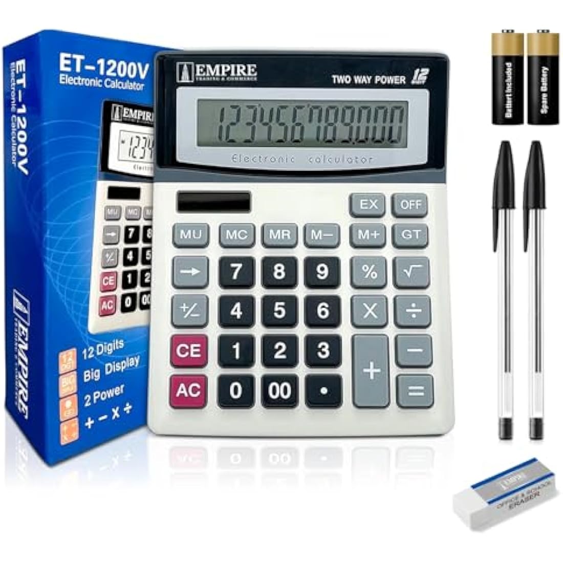 Empire Desk Calculator with Large Key Buttons, 12 Digits, Large Eye-Angled Display, Solar and Battery Powered for Home and Office (Included 2 Battery, 2 Pen and 1 Rubber)